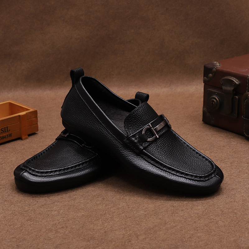 Men's Summer Autumn New First Layer Calfskin Latex Cushioned Bean Shoes, Soft Comfortable, Dry and Breathable, Casual Low-Top Flat Sole Single Shoes