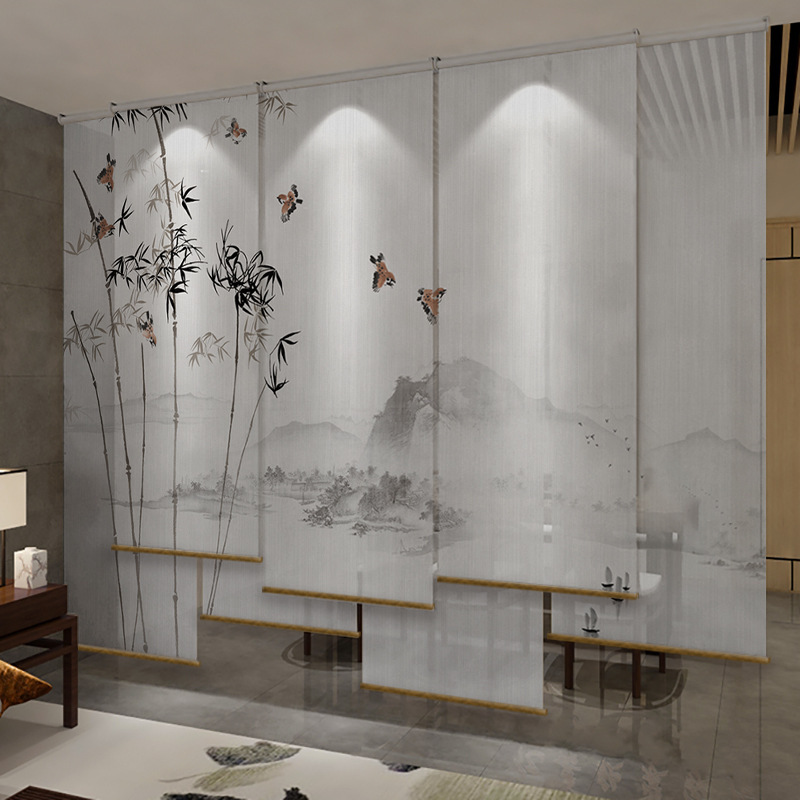 Semi-Transparent Ink Painting Bamboo Chinese Style Screen Curtain, Chinese-Style Roll-Up Partition Curtain, Hanging Curtain, Ink Painting Window Curtain, Light-Transmitting Sheer Curtain