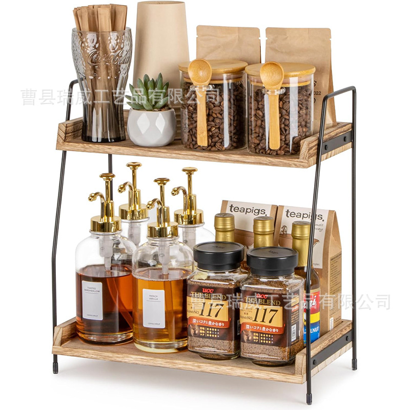Wooden coffee platform shelf coffee bar storage rack double-layer storage rack wooden kitchen cabinet shelf