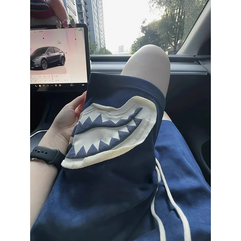 Navy Blue Patch Shark Mouth Shorts Men's Summer Loose Breathable Straight Mid-Pants Casual Sports Five-Point Pants