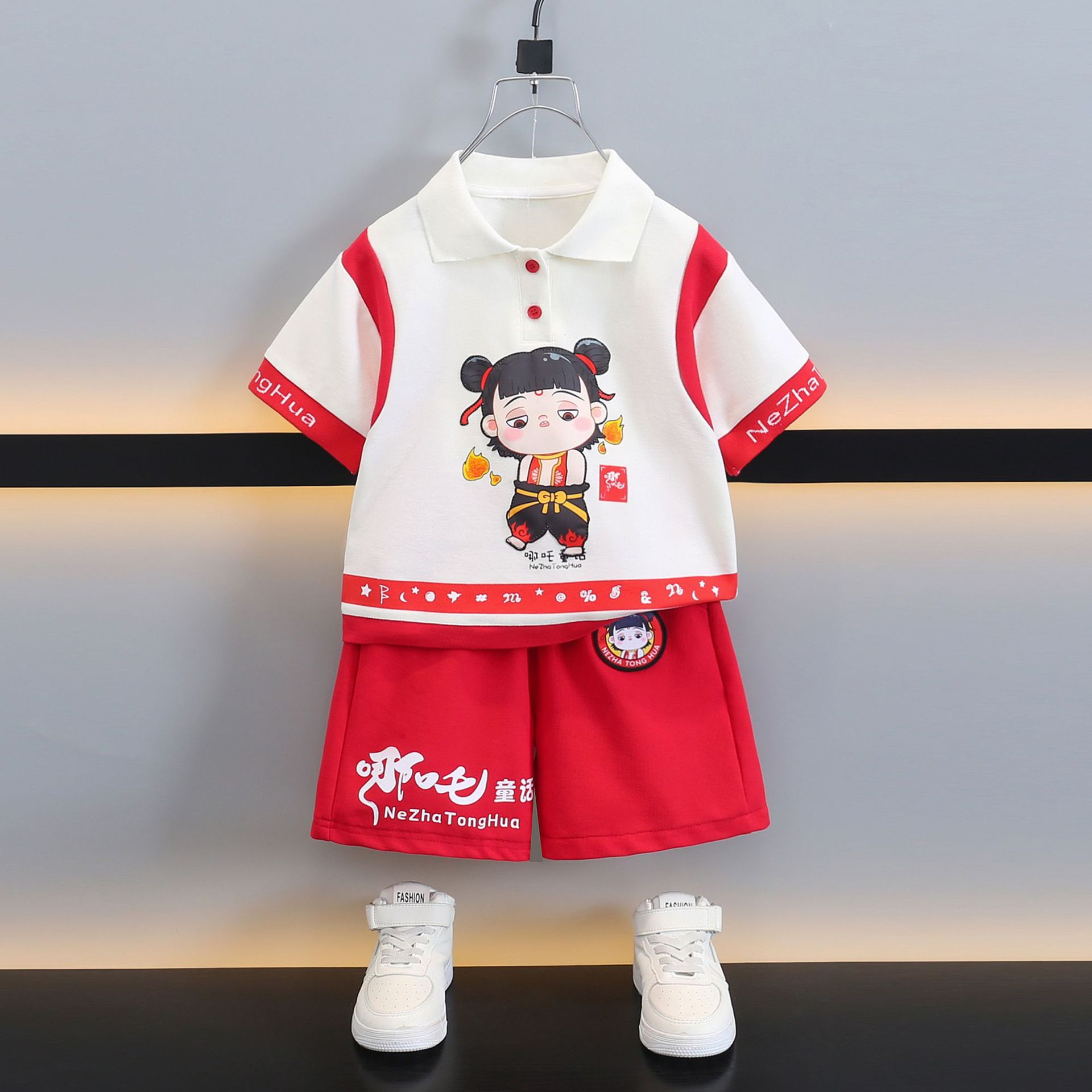 7311 ropa Nezha para niños traje de verano de dibujos animados para niños 2025 nuevos pantalones cortos de manga corta ropa de verano de moda para bebés