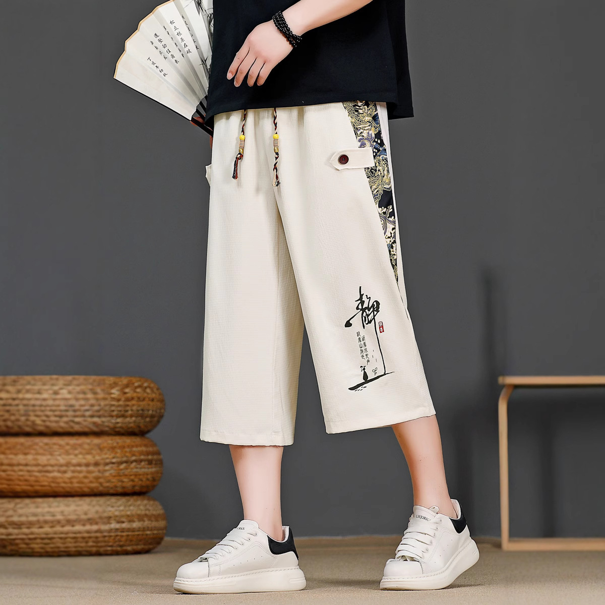 Summer Men's Cropped Pants, Men's Loose Thin Casual Harem Pants, Trendy Wide-Leg Pants, Eight-Point Beach Pants for Men
