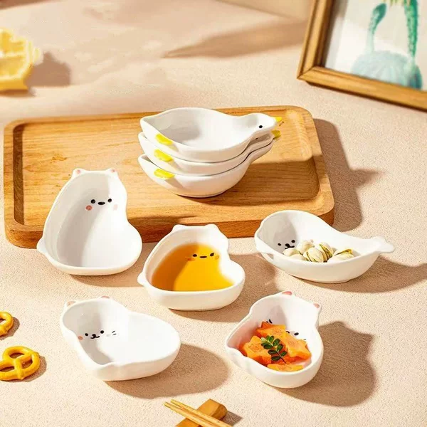 Embossed Ins Style Ceramic Seasoning Dish Creative Cartoon Snack Dish Mini Cute Household Vinegar Dish Hot Pot Dipping Dish