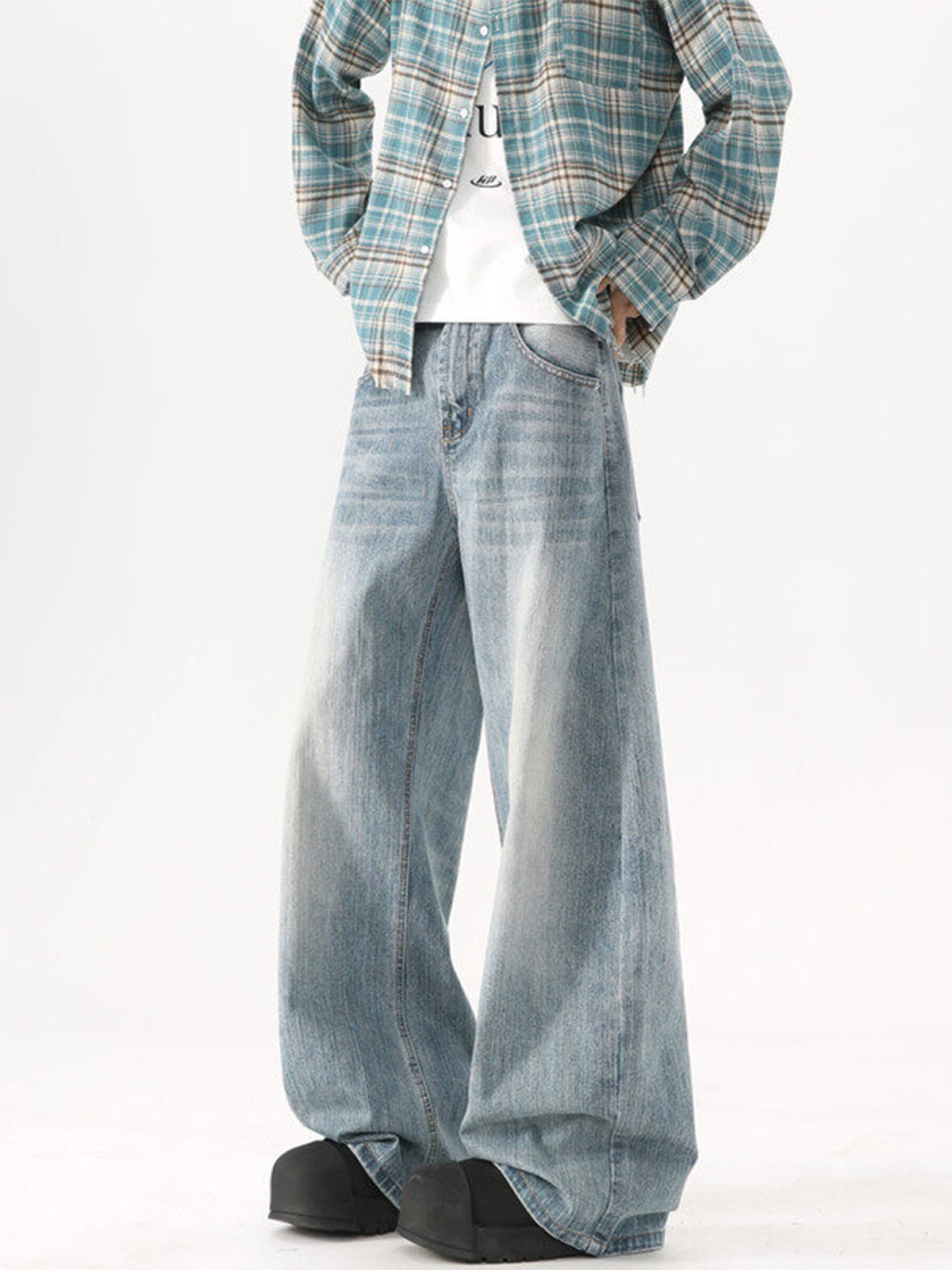 Trendy Washed Blue Jeans for Men Summer Vibe High Street Versatile Casual Wide-Leg Pants American Loose Wide-Leg Pants
