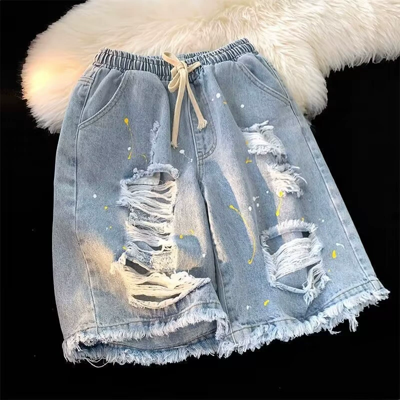 Retro denim wide-leg culottes, women's loose straight fit, summer American style, multiple sizes
