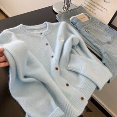 广州十三行高货爆款~小花朵圆领针织开衫女秋冬新款宽松软糯毛衣