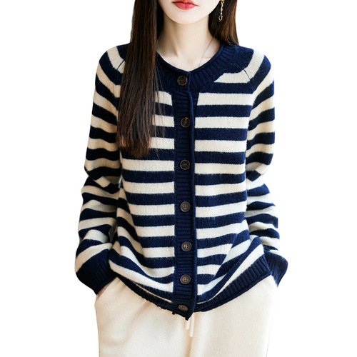 Autumn/Winter Thick 100% Wool Cardigan for Women, Round Neck Knit Coat, Loose Sweatshirt, Overlap Striped Top