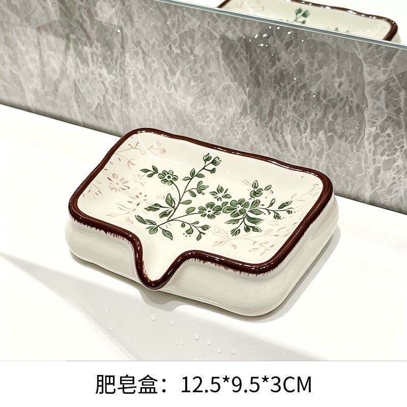 Ceramic soap dish for home bathroom sink, draining soap holder, rectangular creative storage tray with patterned design