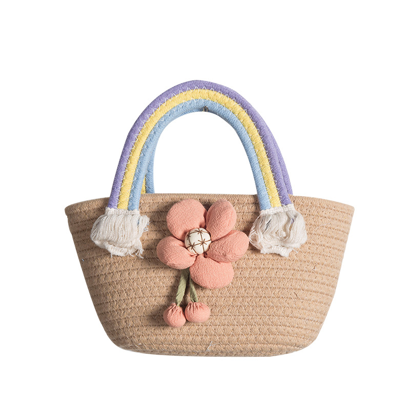 Bolsa de tejido artesanal arco iris, bolso de tejido de cuerda de algodón, bolso de tejido de flores pequeño, bolso de mano, bolso de mujer