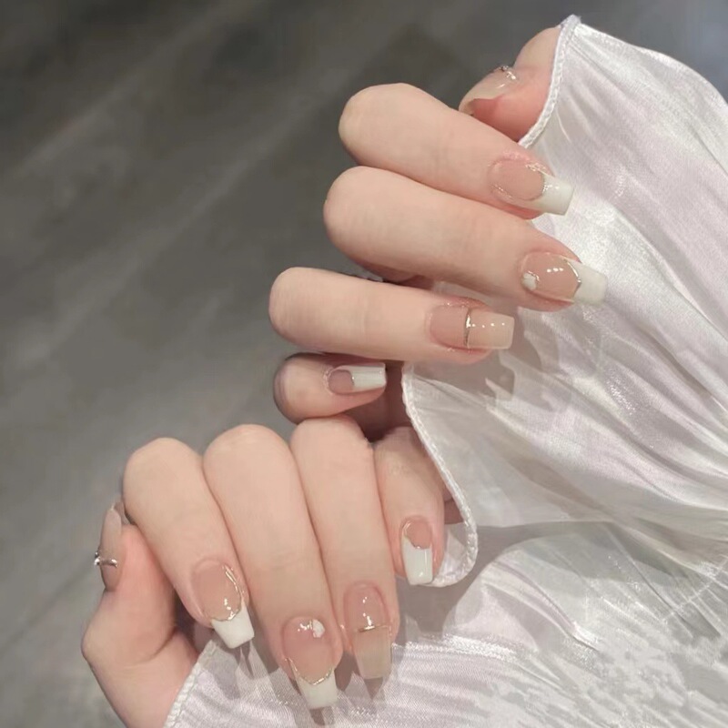Wear nail new handmade wear nail champagne gold line long manicure light luxury advanced finished nail piece