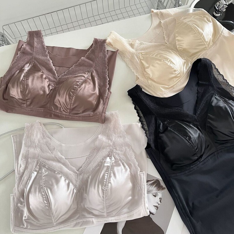 298 Spring and Summer Traceless Underwear Women's Mulberry Silk Beautiful Back Women's Thin Long Lace Wide Shoulder Vest with Chest Pad Bra