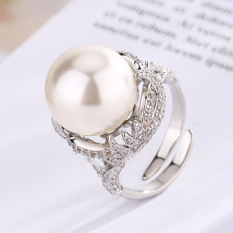2024 nuevo estilo Zhuang Shengsheng joyería cobre chapado en platino perla anillo retro de alta calidad mujer 14mm al por mayor