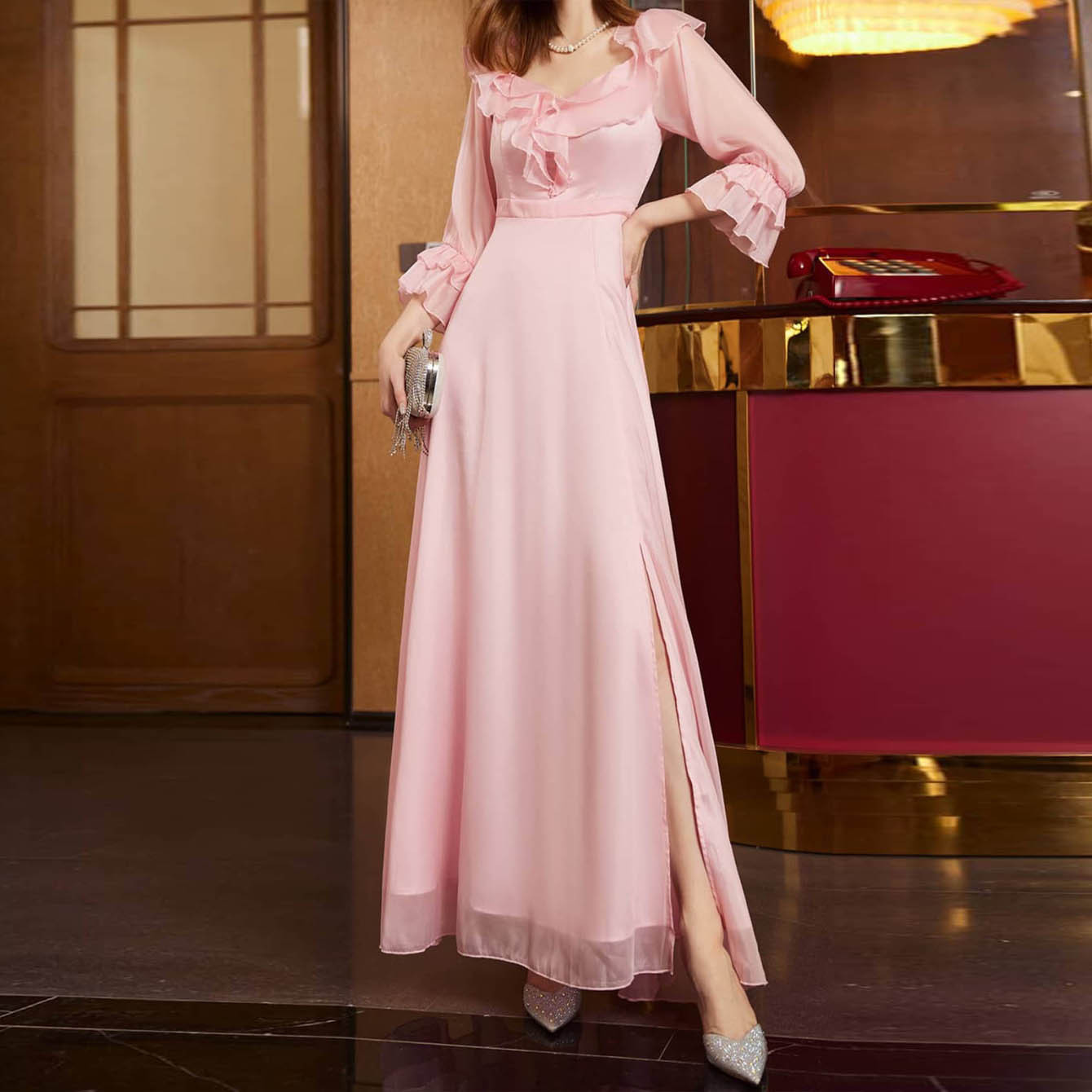 欧美外贸新款女装连衣裙 亚马逊性感中袖粉色长裙聚会派对礼服裙