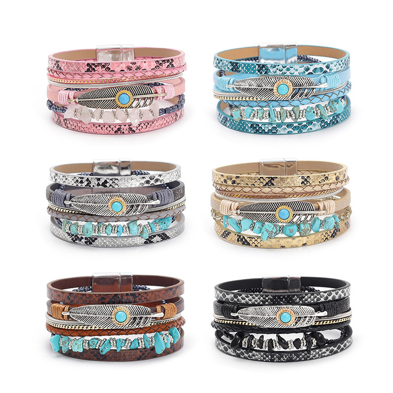 Bohemian Style Gravel Feather Leather Women's Bracelet Creative Retro Feather Turquoise Magnet Clasp Bracelet