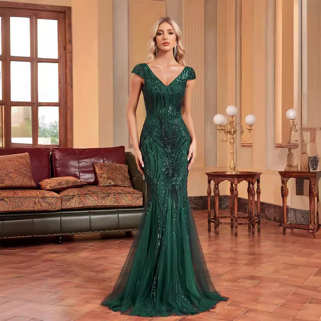 European and American Amazon 2023 New Green Beaded dress Long Slim Fishtail Bridesmaid Banquet Evening Dress for Women