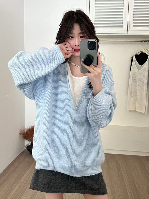 假两件套头毛衣女秋冬新款跨境大码韩系宽松慵懒风v领针织衫上衣|undefined