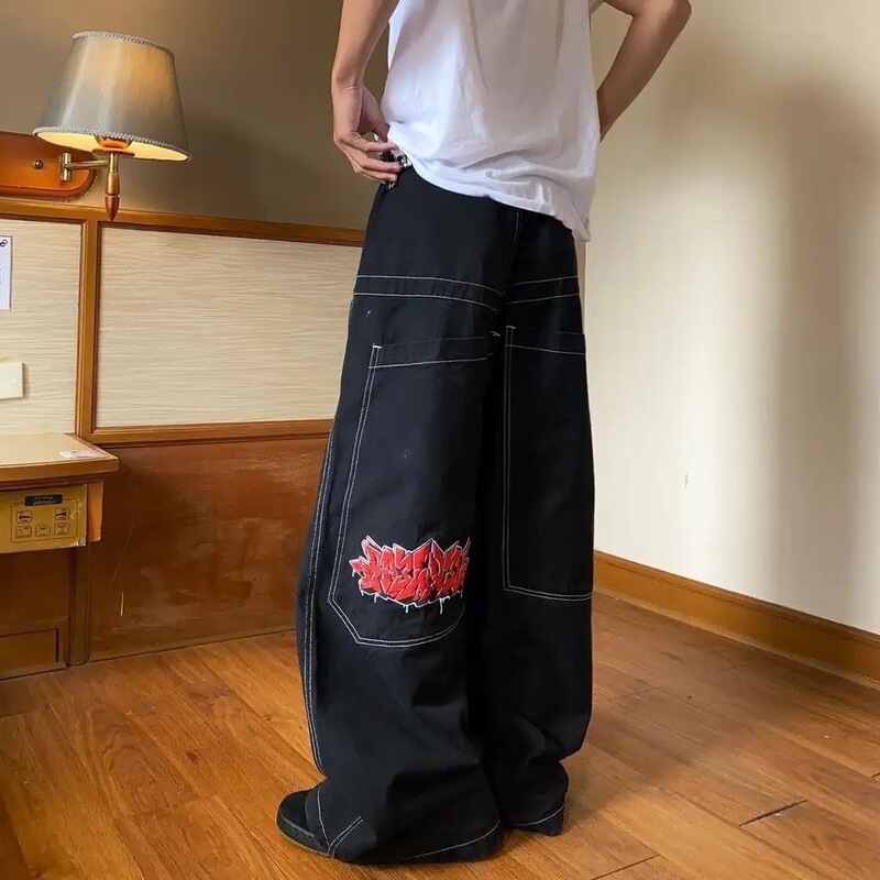 Cross-Border Amazon European and American High Street Jnco Pattern Embroidered Jeans Hip-Hop Loose Wide Foreign Trade Dropshipping
