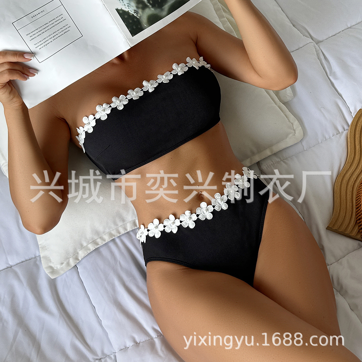 2025 New European and American Swimwear Women AliExpress Solid Color Flower Bikini Sexy Embroidered Triangle Swimwear Wholesale