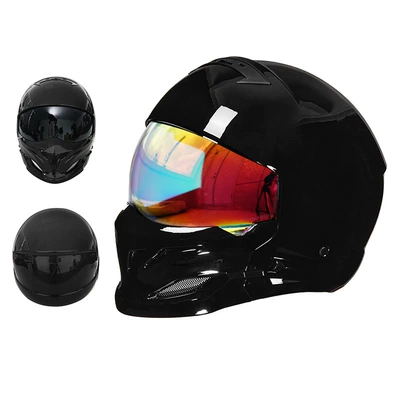 Retro Motorcycle Helmet Full-Face Electric: Motosiklet kaskı (dəbilqə) - 856-bright-black-colorful-mirror-m55-56