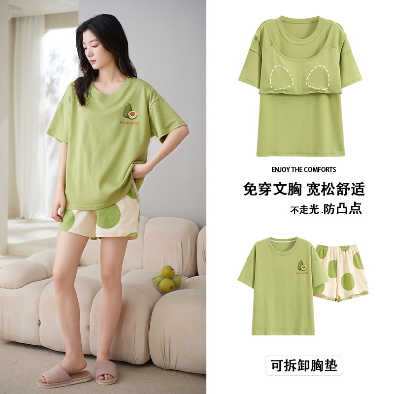 Pijamas de verano para mujer con almohadillas para el pecho, pantalones cortos dulces y bonitos que se pueden usar en el exterior, conjunto de algodón puro de manga corta, novedad 2026, ropa para el hogar