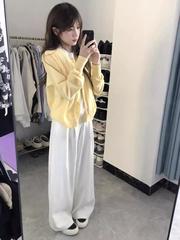 鹅黄色假两件长袖毛衣针织衫女春秋短款韩系早秋穿搭上衣开衫外套