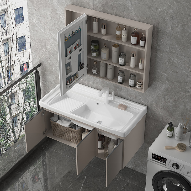 lavabo de lavandería de balcón tipo casa pequeña lavabo armario combinado con placa de fricción cerámica integrada lavabo de lavandería tipo colgante