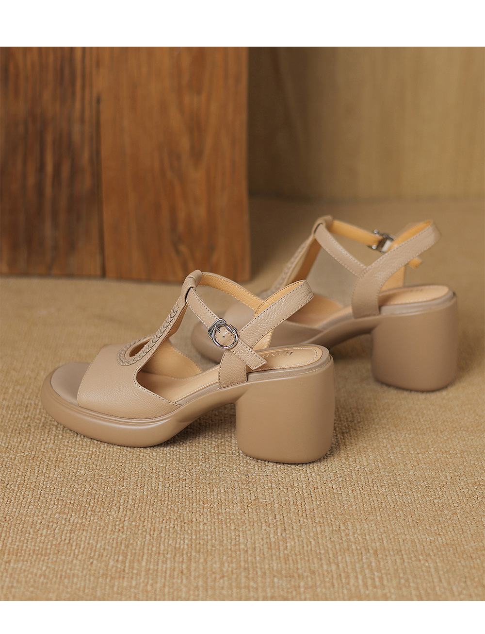 Sandal cao gót nữ phong cách La Mã, gót 8 cm, đế dày, da cừu mềm — Màu trắng be chi tiết 14
