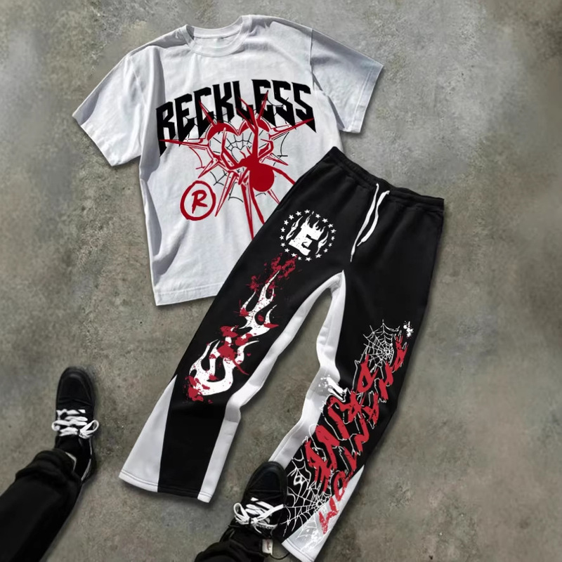 2026 Summer Reckless Graffiti Print Set Men's Trendy Brand Personality T-Shirt and Long Pants Casual Sports Two-Piece Set 2026 Summer Reckless Graffiti Print Set Men's Trendy Brand Personality T-Shirt and Long Pants Casual Sports Two-Piece Set