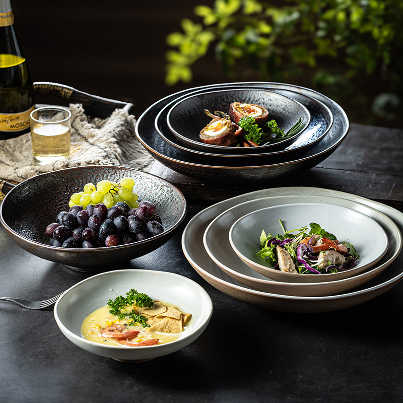 Japanese-Style Retro Coarse Pottery Deep Plate, Kiln-Fired Ceramic Soup Bowl, Salad Bowl, Commercial Restaurant and Home-Use Tableware Set Wholesale