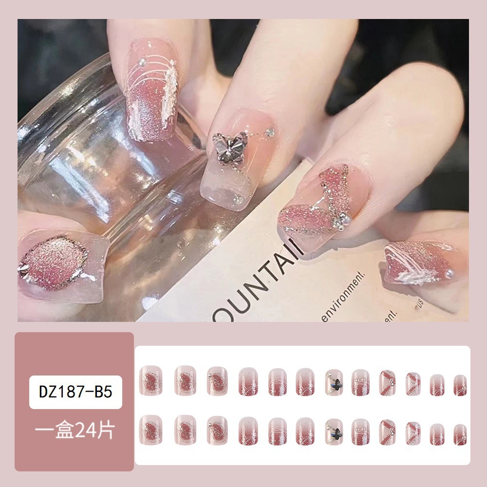 24 piezas de parche de uñas de mariposa de alta calidad, uñas de uñas elegantes con incrustaciones de diamantes, uñas cortas suaves y de moda image 3
