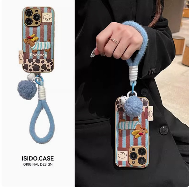 Cachorro bordado de dibujos animados iphone15 cuero 16ProMax funda para teléfono móvil apple 13 pareja 14 cordón 16