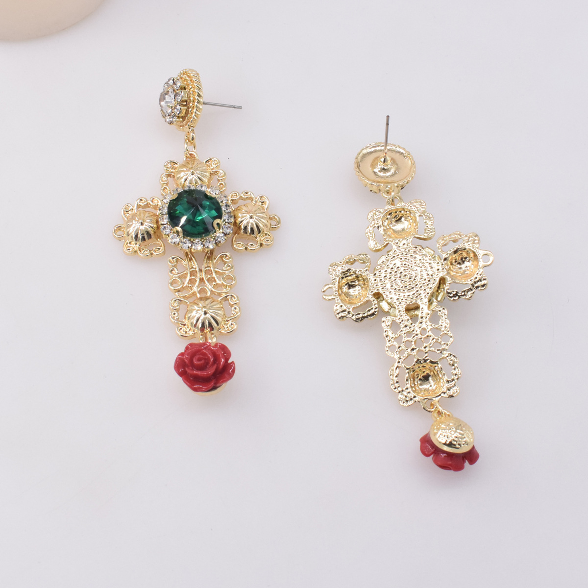 Baroque Style Emerald Rose Golden Hollow Cross Pearl Earrings display picture 3