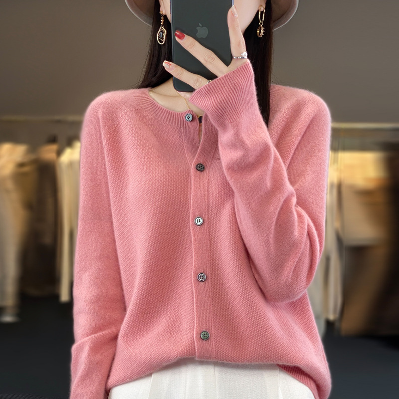 一線成衣シームレス100% 純ウール秋冬新作女性の短い丸首ゆるいニットカーディガンセーターのコート|undefined