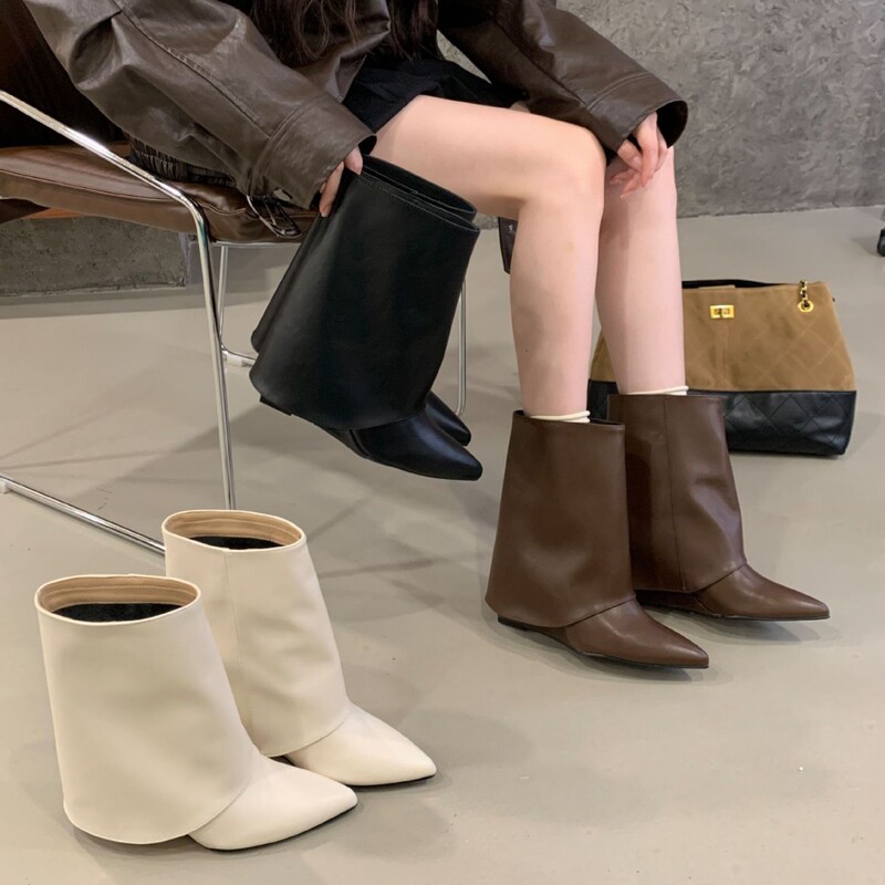 Spicy Girl Style High Heel Ankle Boots for Women 2026 Fall/Winter New Wedge Heel Short Boots Pointed Toe Mid-Calf Vintage Martin Cowboy Boots