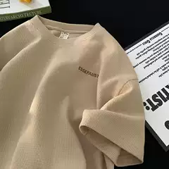 Waffle Knit Short Sleeve T-Shirt for Men Summer Japanese Streetwear Round Neck Relaxed Fit Half Sleeve Tee
