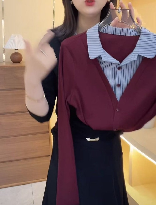 批发中年妈妈装女士2025早秋新款时尚假两件长袖打底衫显瘦polo领|undefined