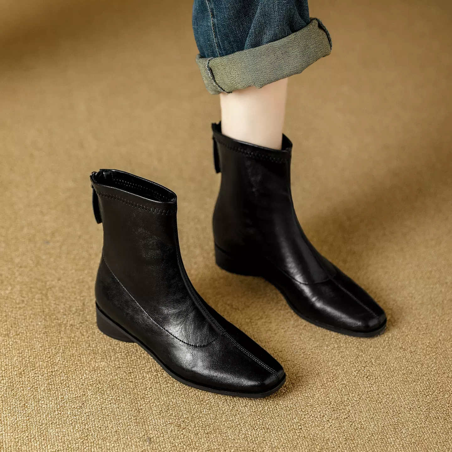 复古秋冬季新款后拉链马丁靴女粗跟百搭软皮方头时尚弹力瘦瘦短靴