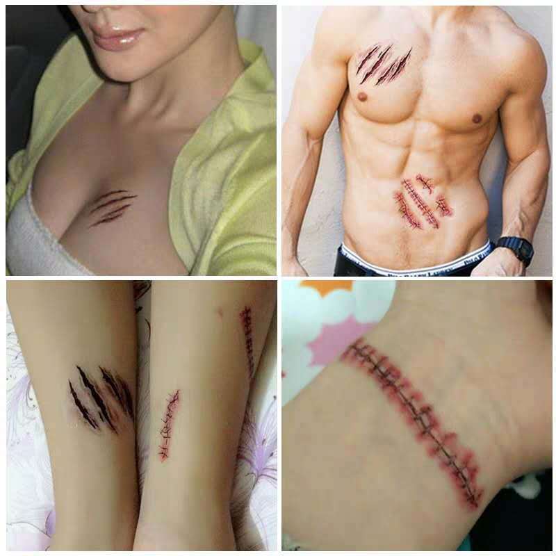 国境を越えたハロウィーンのタトゥーはパーティーの恐怖の血なまぐさい傷跡のシミュレーションメイク防水リアルなタトゥーシールのスポットを貼ります