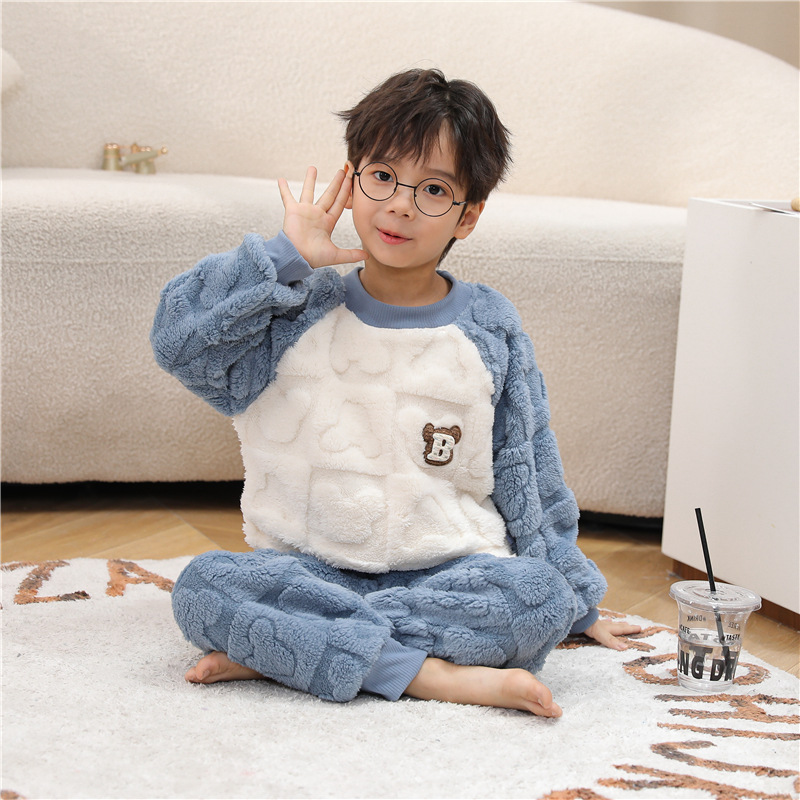 Boys' Pajamas Autumn and Winter Flannel 2024 New Children's Home Clothes Set Baby Boys and Girls One Piece Dropshipping