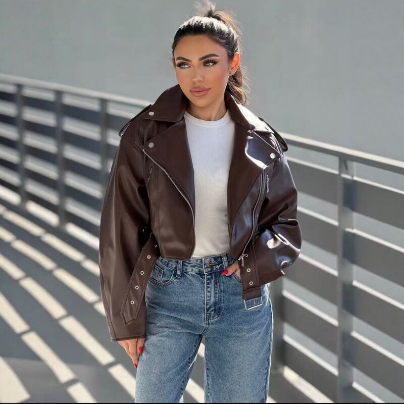 2026 New European and American Style Short Pu Leather Jacket for Women, Vintage Lapel Slim Fit Versatile Trendy Coat