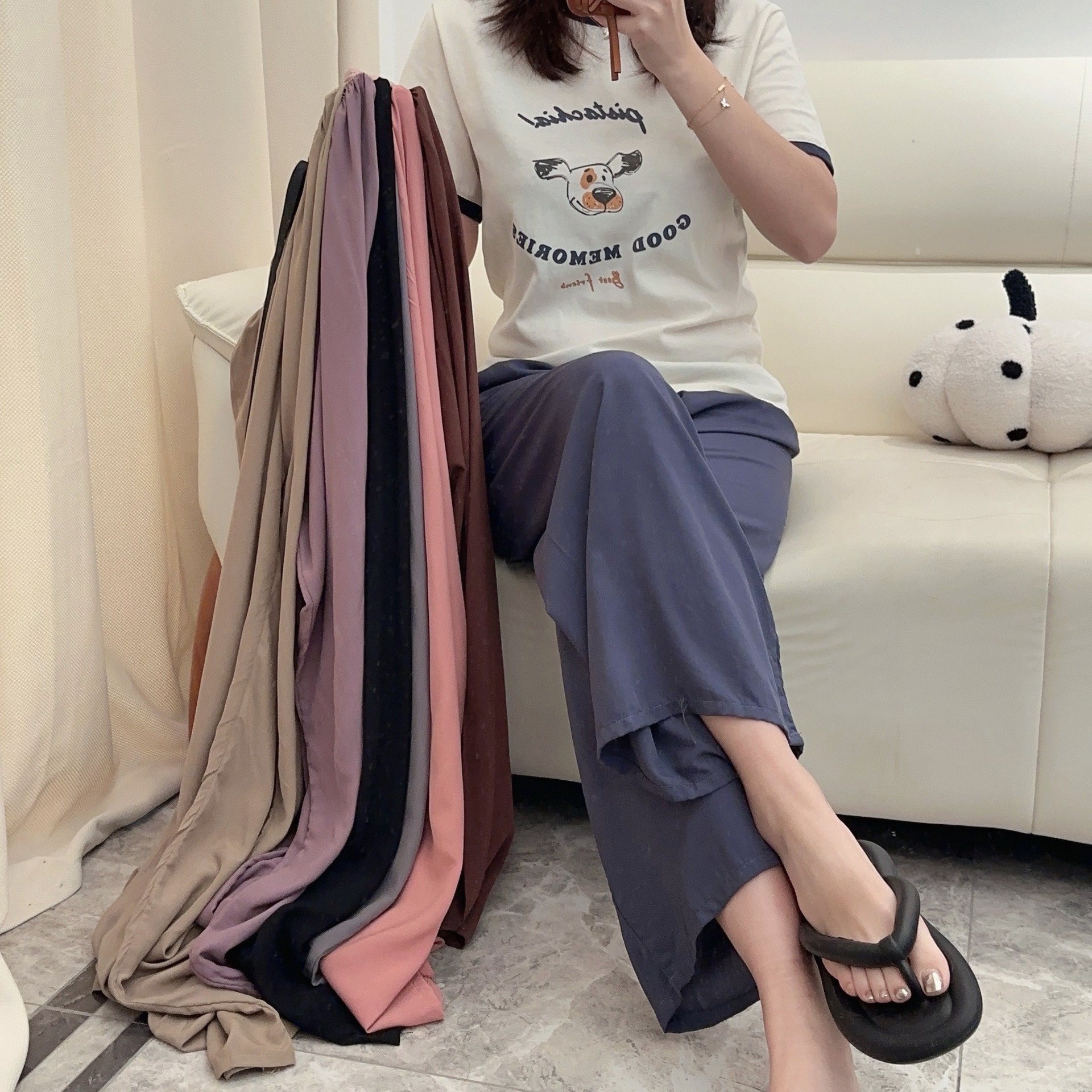 봄여름용 얇은 홈웨어, 여름철 면 실크 잠옷, 해변용 9부 와이드 팬츠, 면 실크 소재로 편안하고 외출복으로도 착용 가능