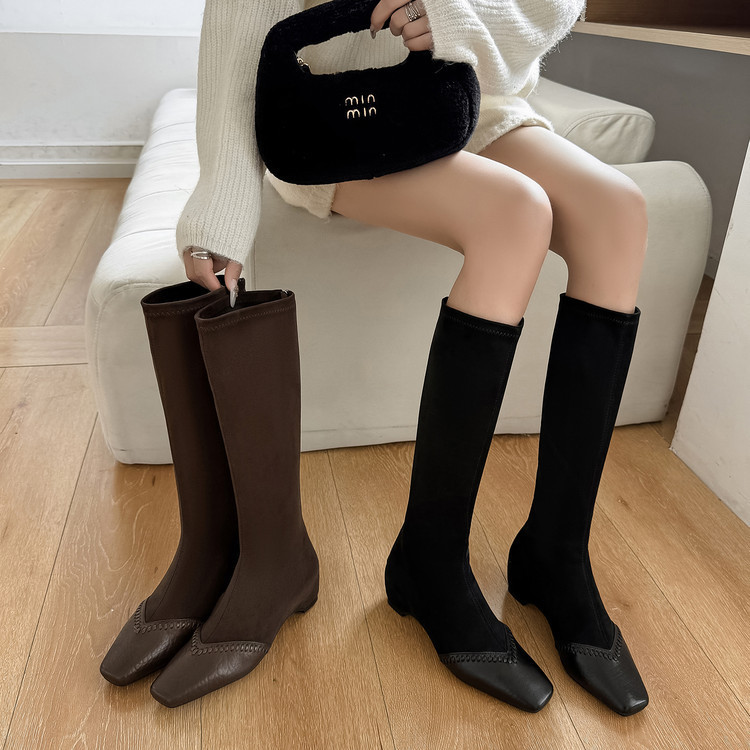 Very Good-Looking Cowhide Suede Splicing Slim Boots with Coat 2025 Autumn and Winter Square Toe Thick High Heel Elastic High Boots for Women