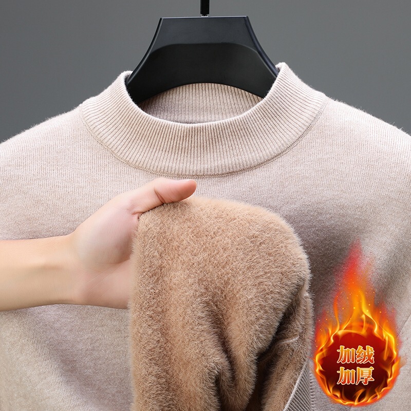 Fleece-lined thickened half-high collar long-sleeve knit sweater for men, solid color warm base layer sweater for winter