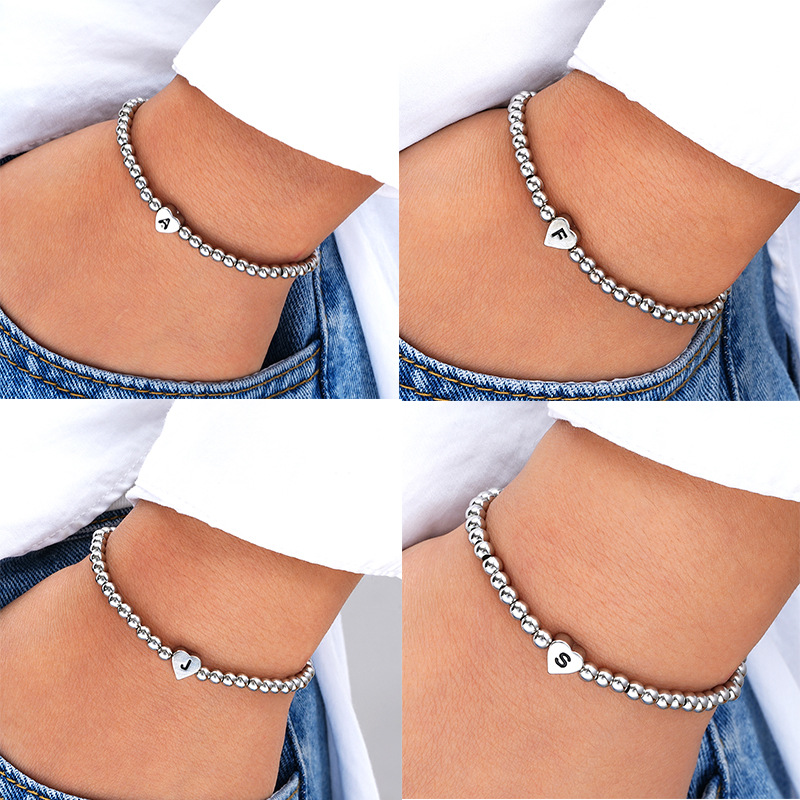 Hot Selling Creative 26 Letter Beaded Heart-shaped Copper Bracelet Fashion Ins Simple Beaded Elastic Bracelet_voghion.com
