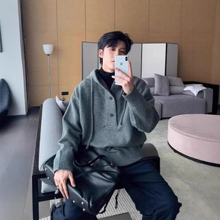 2025 New Autumn and Winter Pullover Sweater American Retro Casual Lazy Style Hooded Knitted Sweater Men's Pure Color Jacket