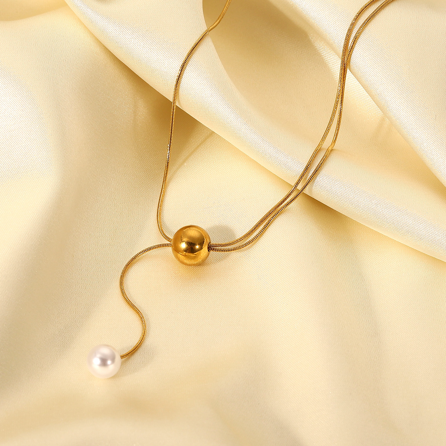 simple pearl large gold bead Yshaped 18K goldplated stainless steel necklacepicture2