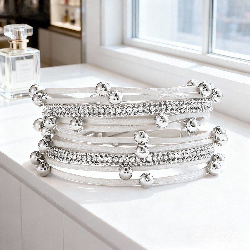 Cross-Border New Fashion Two-Ring Beaded Leather Bracelet Multi-Layer Leather Bracelet Women's Fashion Diamond Magnetic Buckle Bracelet Ready for Sale