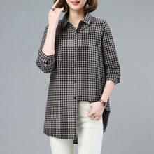 纯棉格子衬衣女春秋新款韩版大码宽松洋气衬衫外套百搭上衣中长款