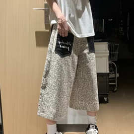 美式复古豹纹牛仔七分裤女春夏季新款水洗百搭宽松阔腿牛仔裤潮