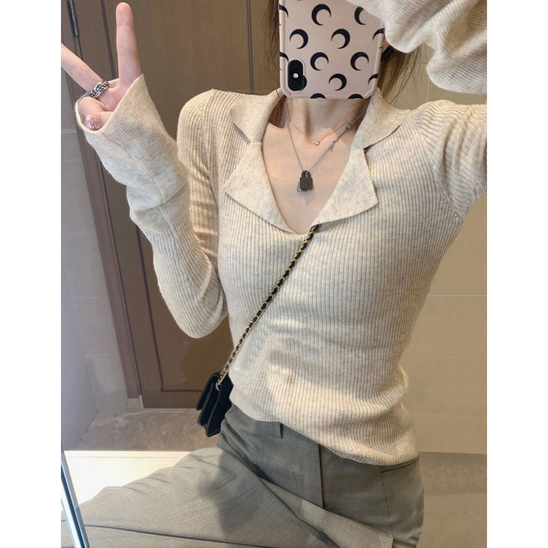 Korean-style Polo Collar Slim-fit Threaded Knitted Sweater Women's Autumn Pure Desire V-neck Slim-fit Long-sleeved Top Base Shirt